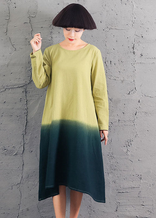 Yellow O-neck Gradient Color Cotton Dress Spring