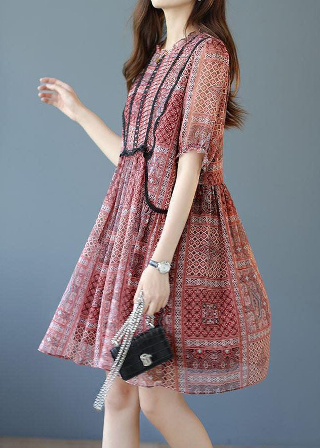 Red Patchwork Lace Chiffon a Line Dresses O-neck Summer