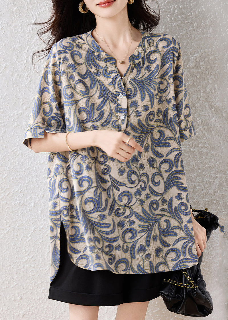 Khaki Oversized Print Cotton Blouses Summer