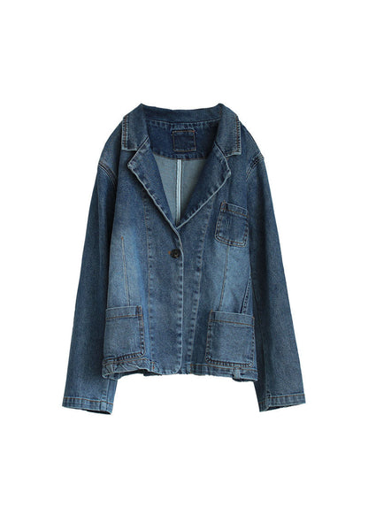 Blue Button Pockets V Neck Denim Coats Long Sleeve