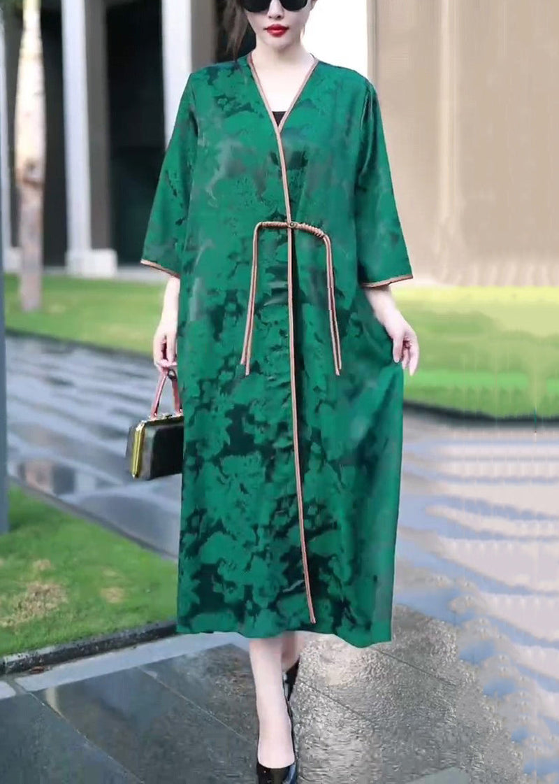 Jacquard Green V Neck Chinese Button Silk Coat Spring