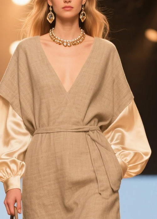 Original V Neck Tie Waist Silk Patchwork Linen Dresses Spring