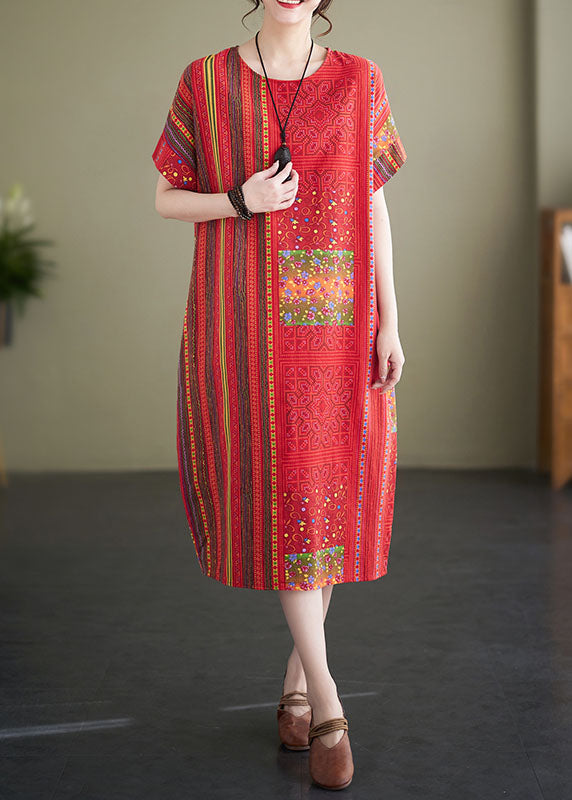 Red O Neck Print Patchwork Linen Mid Dresses Summer