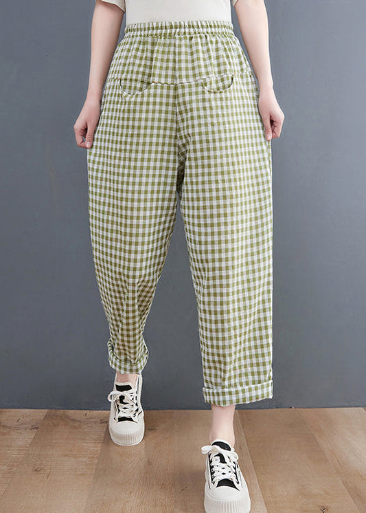 Green Plaid Elastic Waist Plaid Linen Pants Spring