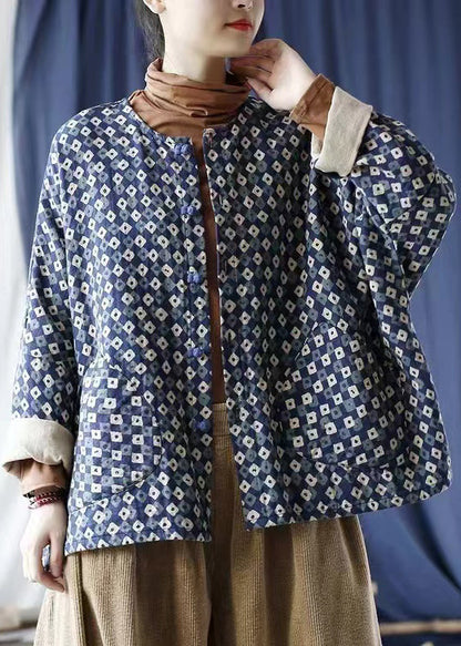 Blue Oversized Print Linen Coat Spring