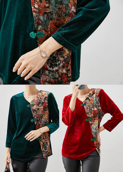 Peacock Green Asymmetrical Patchwork Silk Velour Shirt Tops Winter