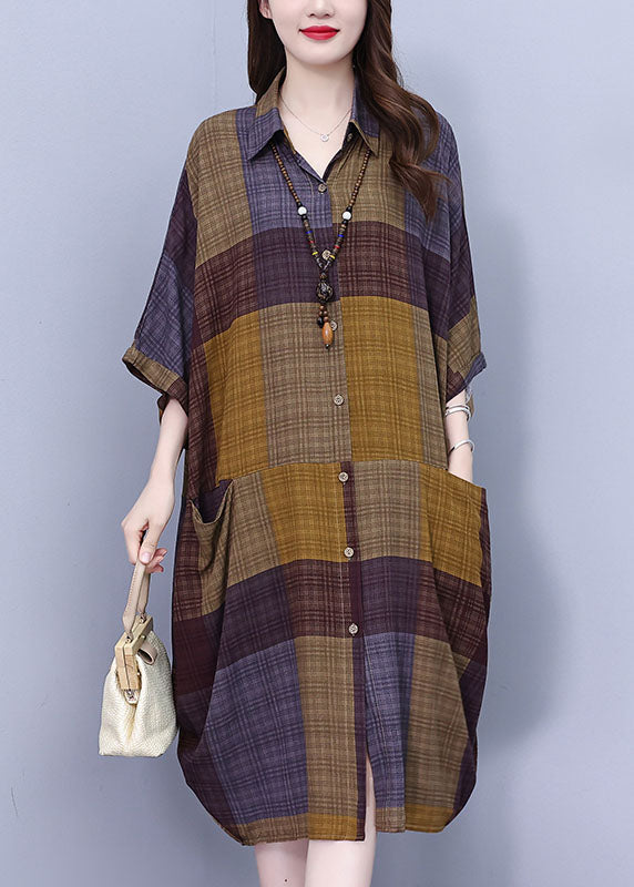 Peter Pan Collar Plaid Long Shirt Dress Summer