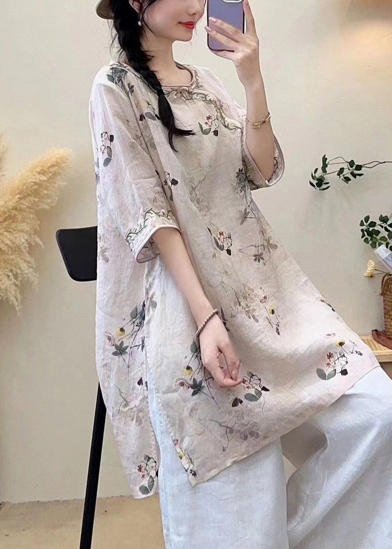 Light Green Print Side Open Linen Shirt Half Sleeve