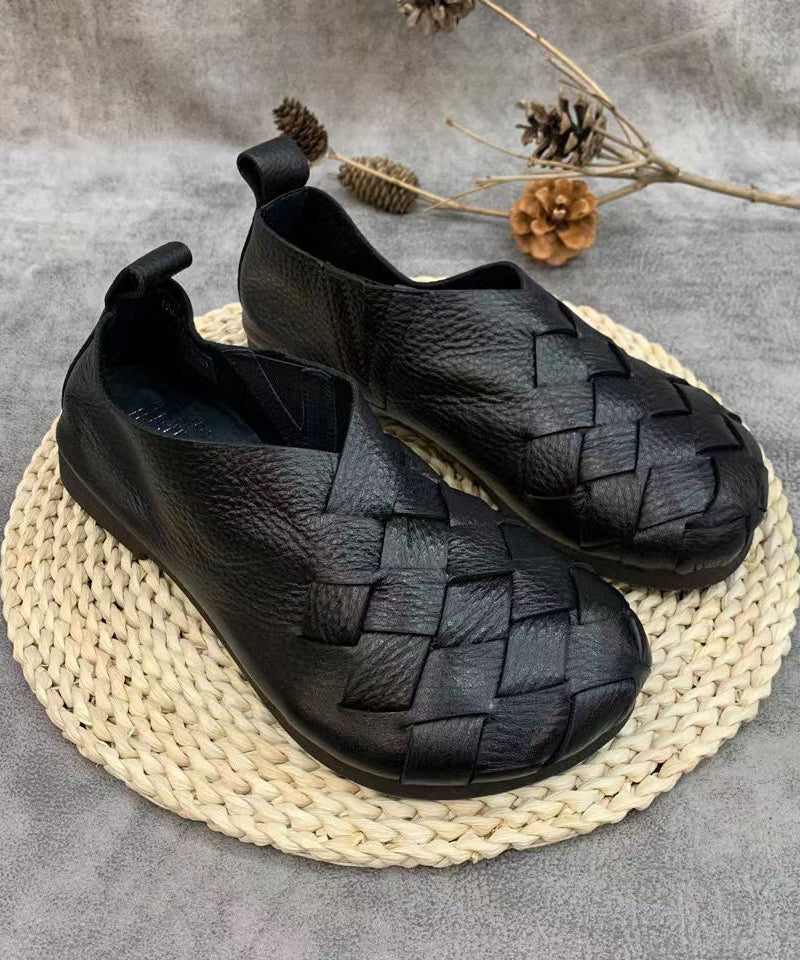 Black Flat Shoes for Handmade Cowhide Leather Fitted Splicing
