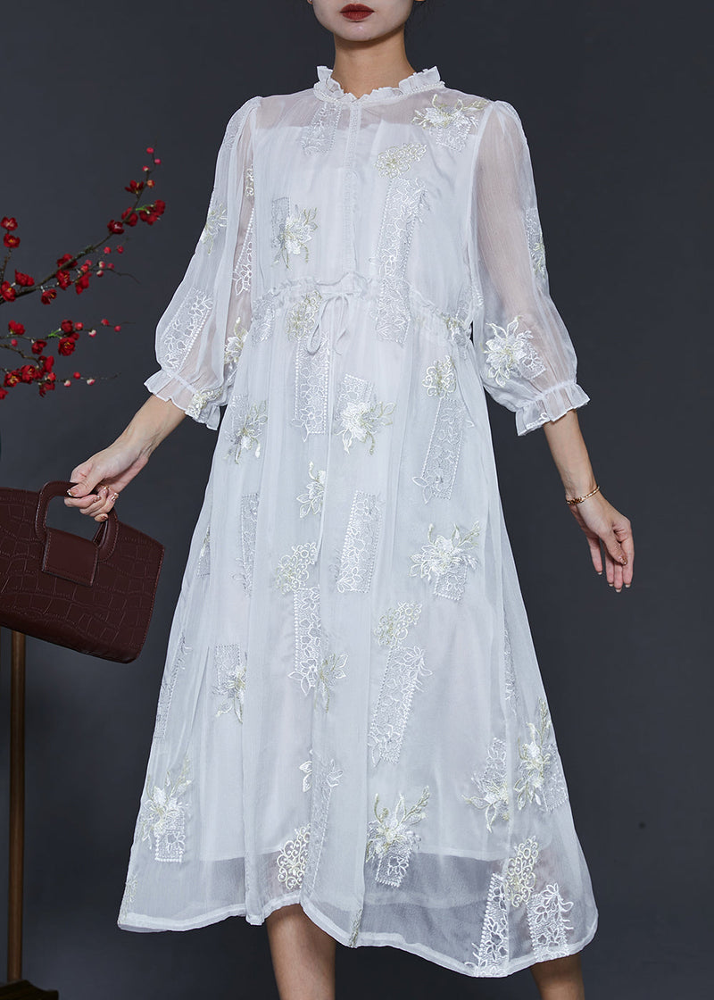 White Embroidered Silk Cinched Dresses Summer