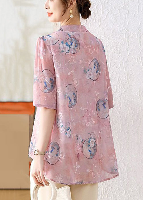 Pink Chinese Button Print Chiffon Shirt Summer
