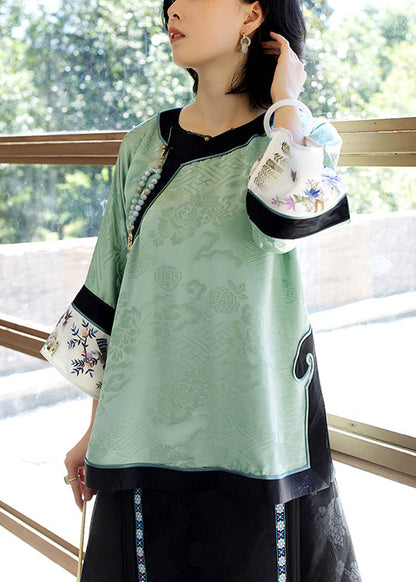 Green O-neck Embroideried Patchwork Jacquard Silk Top Long Sleeve