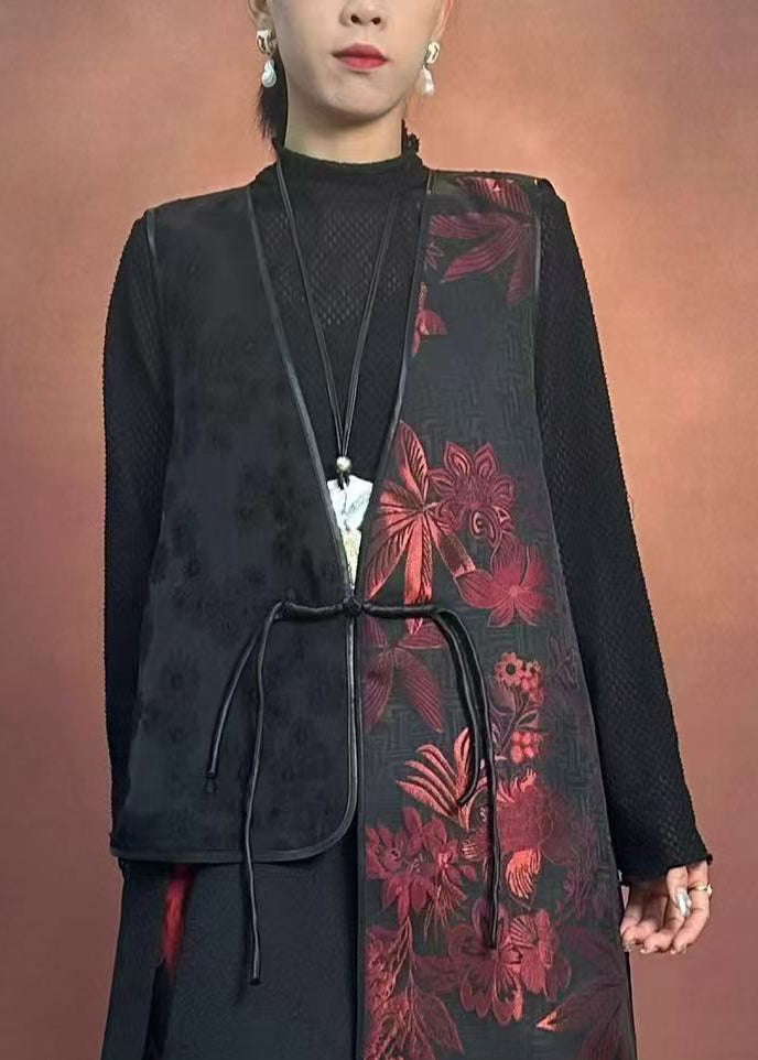 Black V Neck Asymmetrical Embroidered Waistcoat Winter