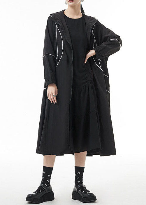 French Black Zippered Drawstring Hooded Trench Coats Spring