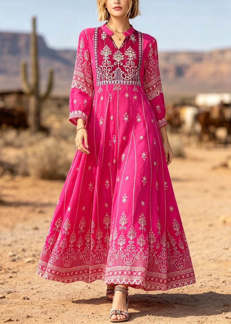Rose V Neck Print Exra Large Hem Cotton Dresses Summer