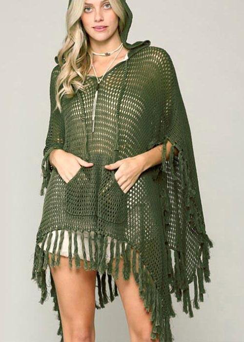 Organic Army Green Knit Fabric Hooded Tassel Beach Gown Holiday Dress