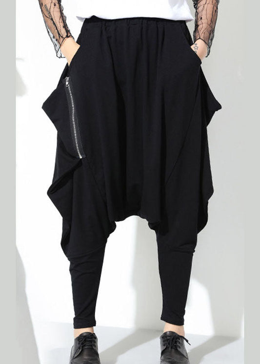 Black Patchwork Pockets Zippered Fall Harem Pants