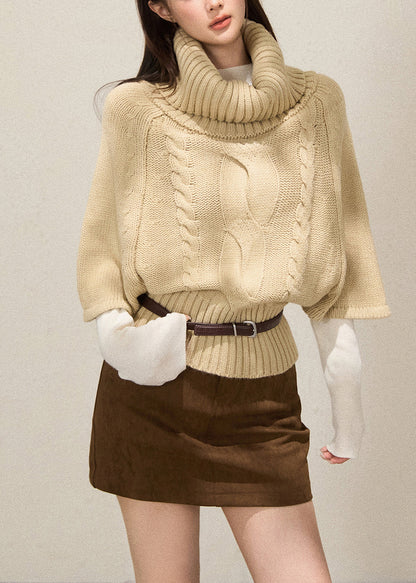 Khaki Turtle Neck Thick Knit Sweaters Batwing Sleeve
