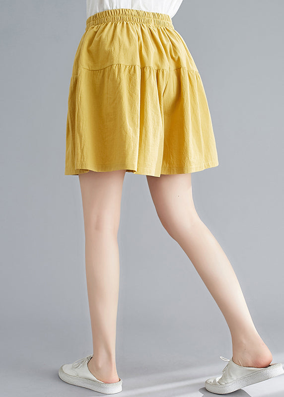 Yellow Pockets Elastic Waist Cotton Shorts Summer