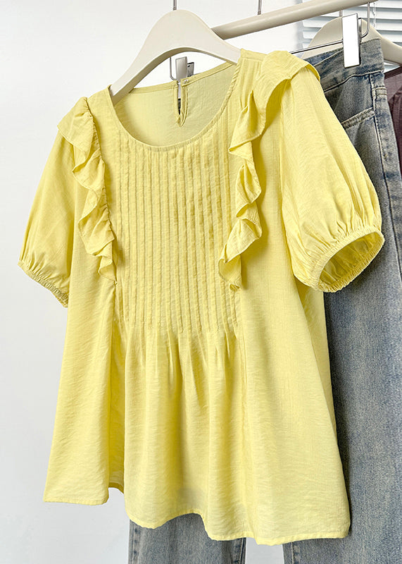 Yellow Ruffled Button Cotton Shirts O Neck