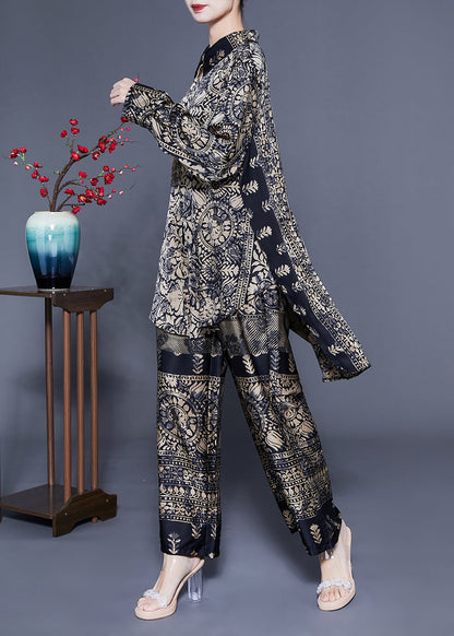 Oversized Low High Design Print Silk Two Pieces Set Spring