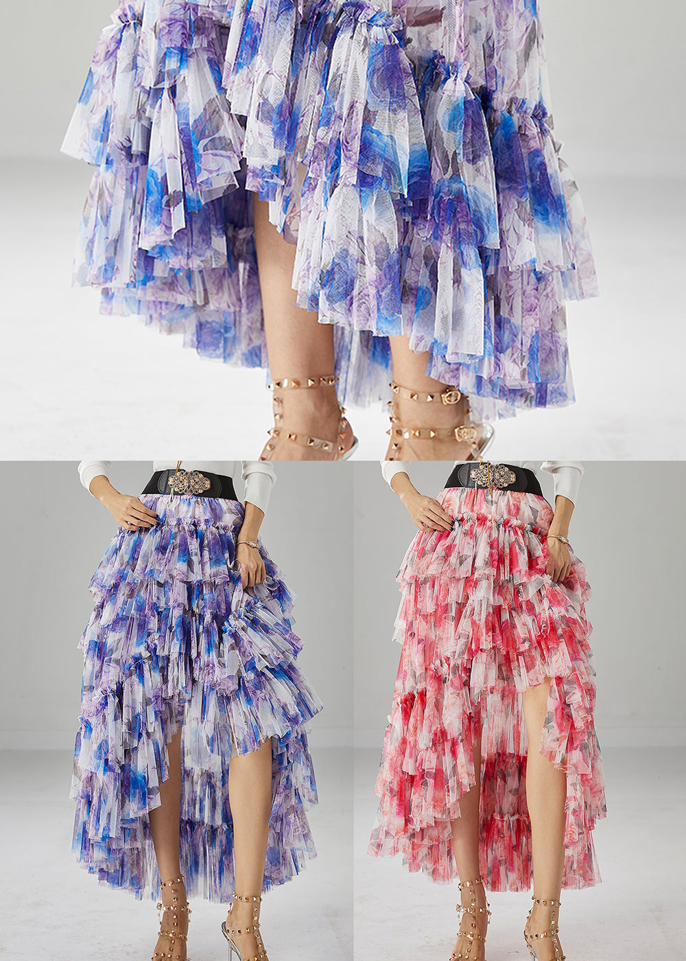 Red Print Low High Design Tulle Skirt Fall