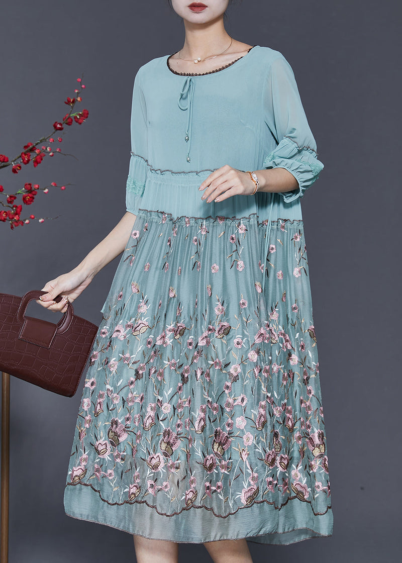 Blue Embroidered Ruffled Silk Dress Half Sleeve