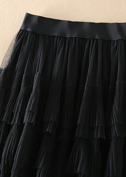 Organic Black Elastic Waist Wrinkled Tulle Skirts Spring