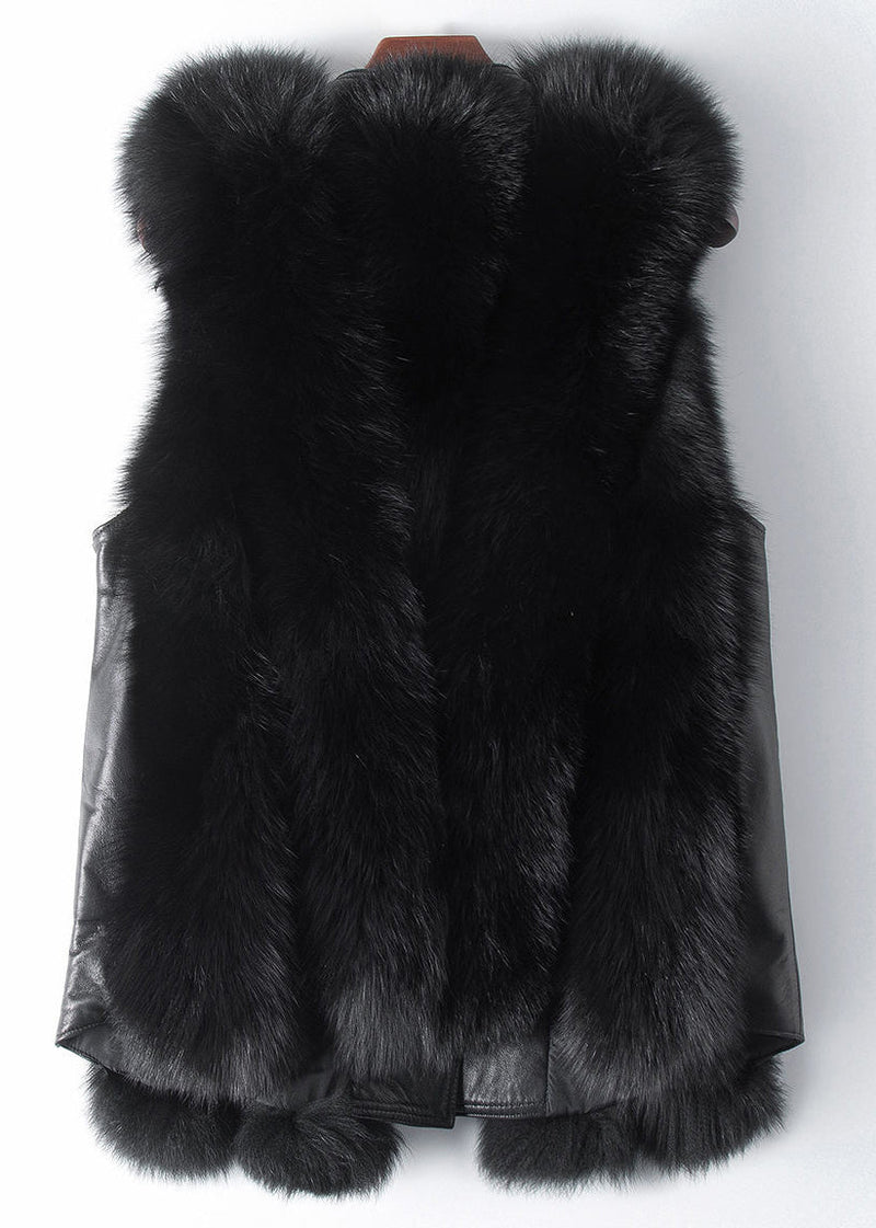 New Black Fox Collar Button Patchwork Leather and Fur Waistcoat Sleeveless
