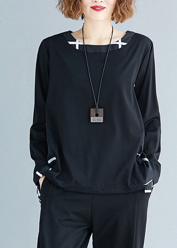 Stylish Black O-neck Drawstring Patchwork Plaid Cotton Loose Sweatshirts Top Spring
