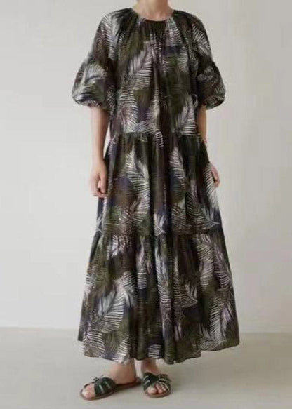 Black O-neck Print Long Dress Short Sleeve