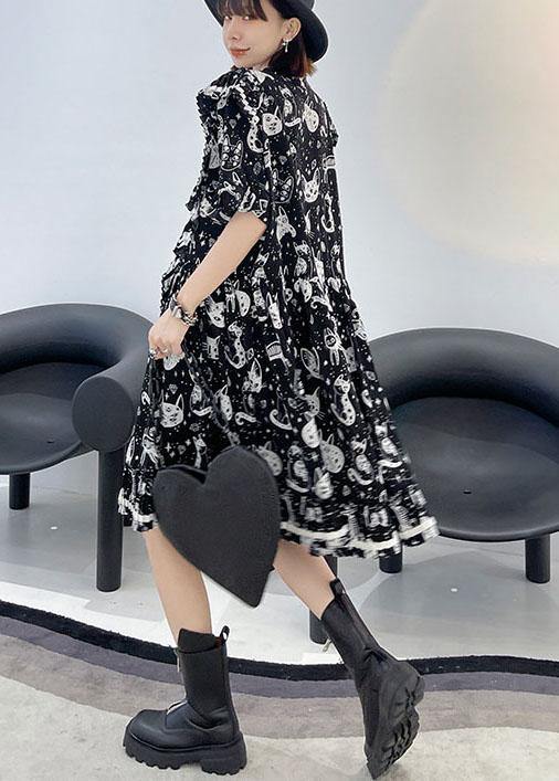 Black Print Asymmetric Short Sleeve Dress