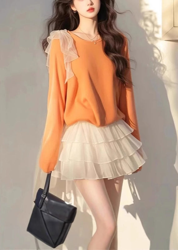 New Orange Bow Tops and White Tulle Skirts Cotton Two Piece Set Fall