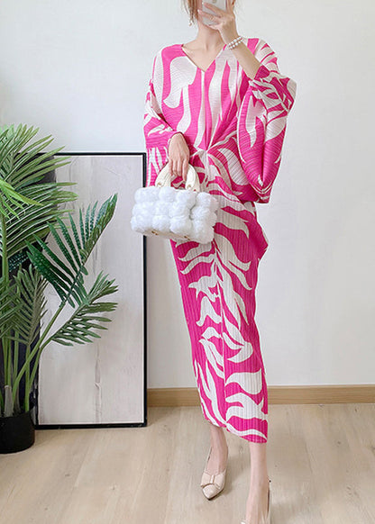 Diy Rose V Neck Print Wrinkled Maxi Dress Batwing Sleeve