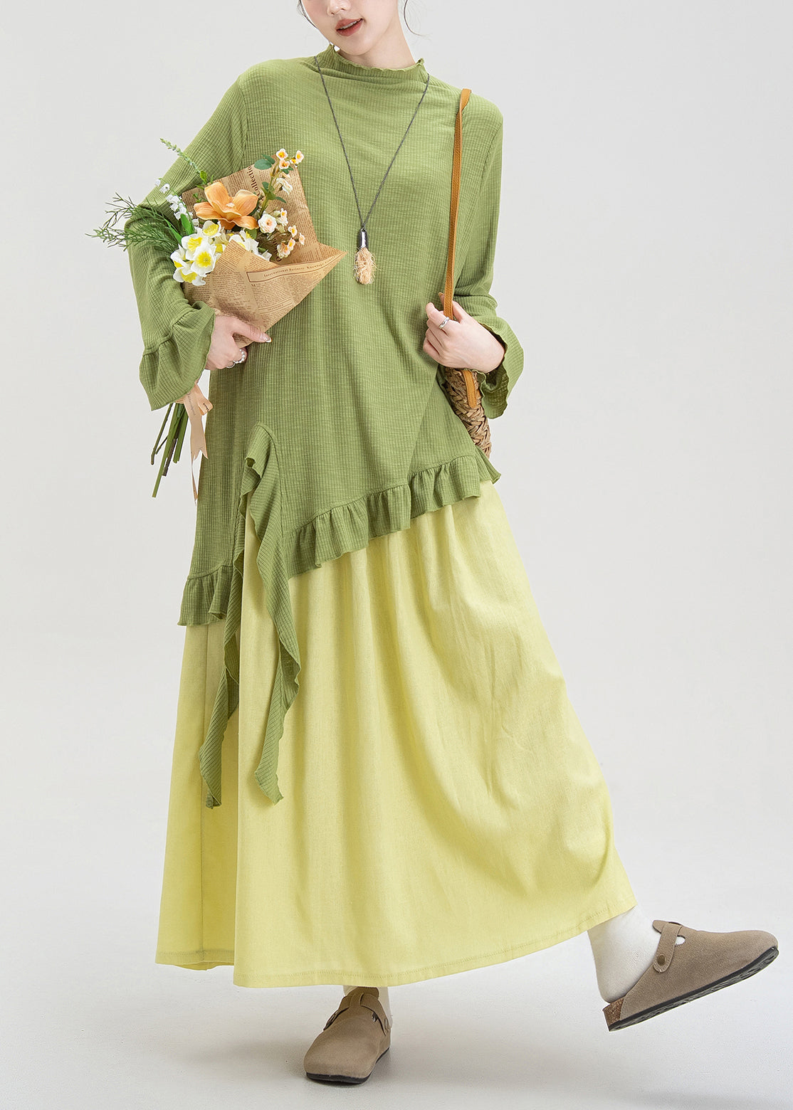 Green Ruffled Asymmetrical Cotton Two Piece Set Fall
