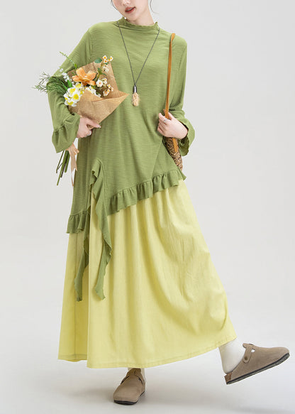 Green Ruffled Asymmetrical Cotton Two Piece Set Fall