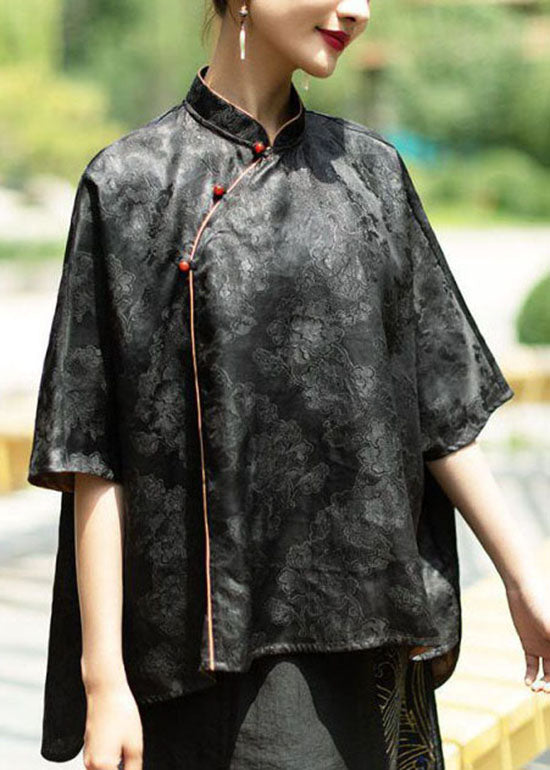 Black Stand Collar Low High Design Jacquard Silk Tops Batwing Sleeve