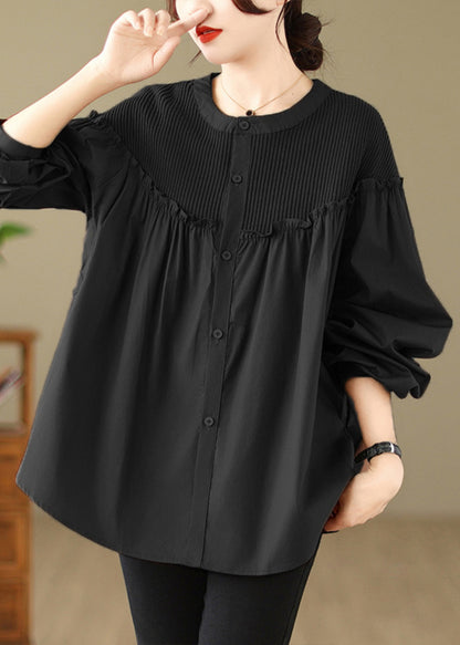 Black Ruffled Patchwork Button Top Spring