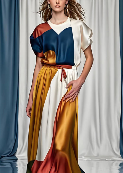 Boutique Colorblock O Neck Tops and Skirts Silk Dress Summer
