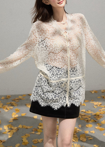 Beige Embroidered Hollow Out Lace Shirt Top Summer