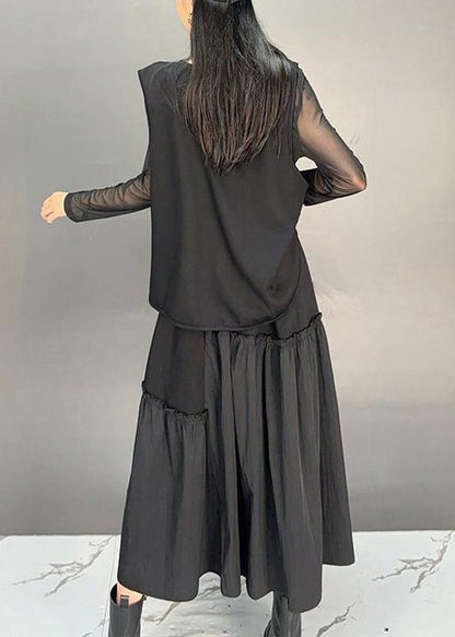 French Black Asymmetrical Ruffled Waistcoat and Skirts Two-piece Set Sleeveless