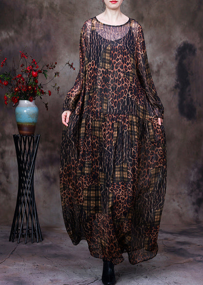 Organic Chocolate O-neck Print Maxi Dress and Suspenders Two Pieces Set Fall