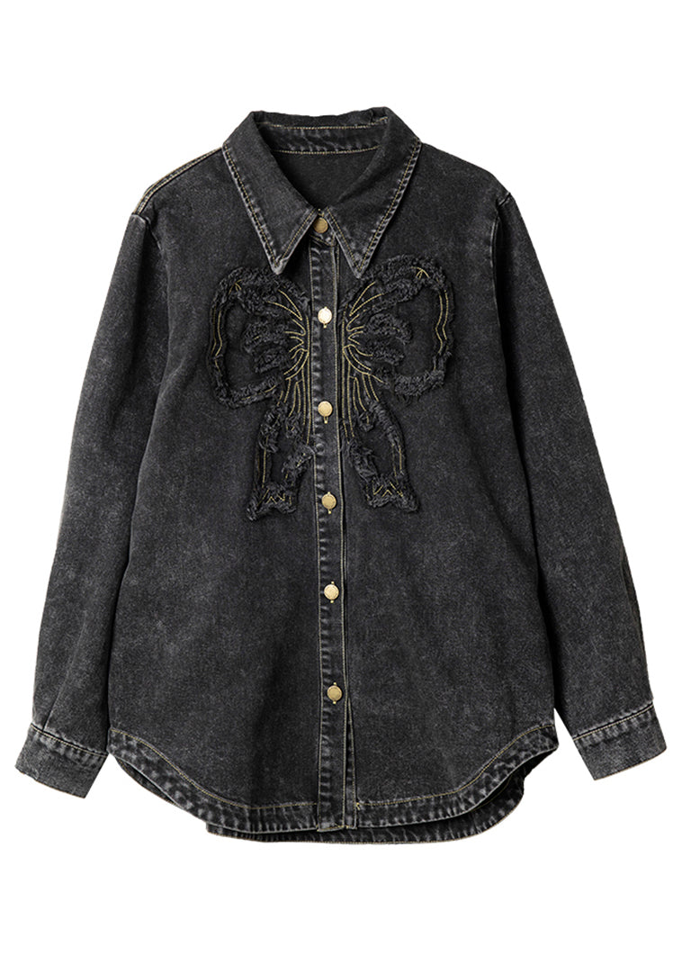 Black Peter Pan Collar Patchwork Button Denim Coats Spring