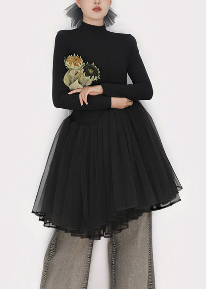 Black Tulle Patchwork Winter Mini Dresses Turtleneck