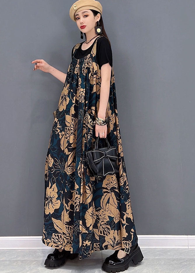 Chocolate Big Pockets Side Open Print Cotton Long Dresses Summer