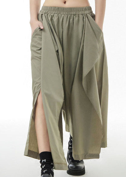 Army Green Elastic Waist Side Open Pants Skirt Spring