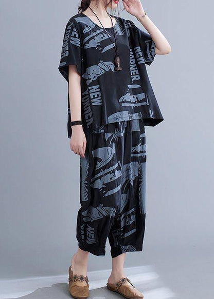 Black Print Crop Pants Two Pieces Set Summer