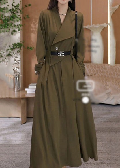 Green V Neck Waist Sashes Cotton Long Dresses Fall