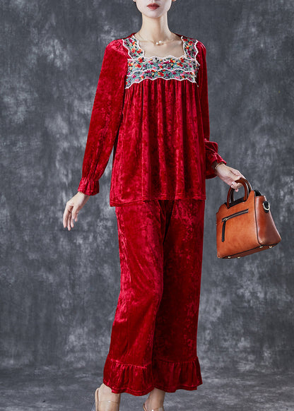 Red Embroideried Patchwork Silk Velour Two Piece Set Fall