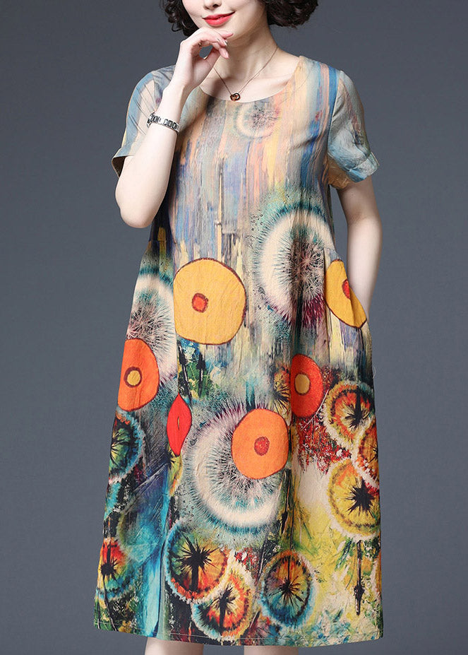 Dot Print Pockets Cotton Dress Short Sleeve